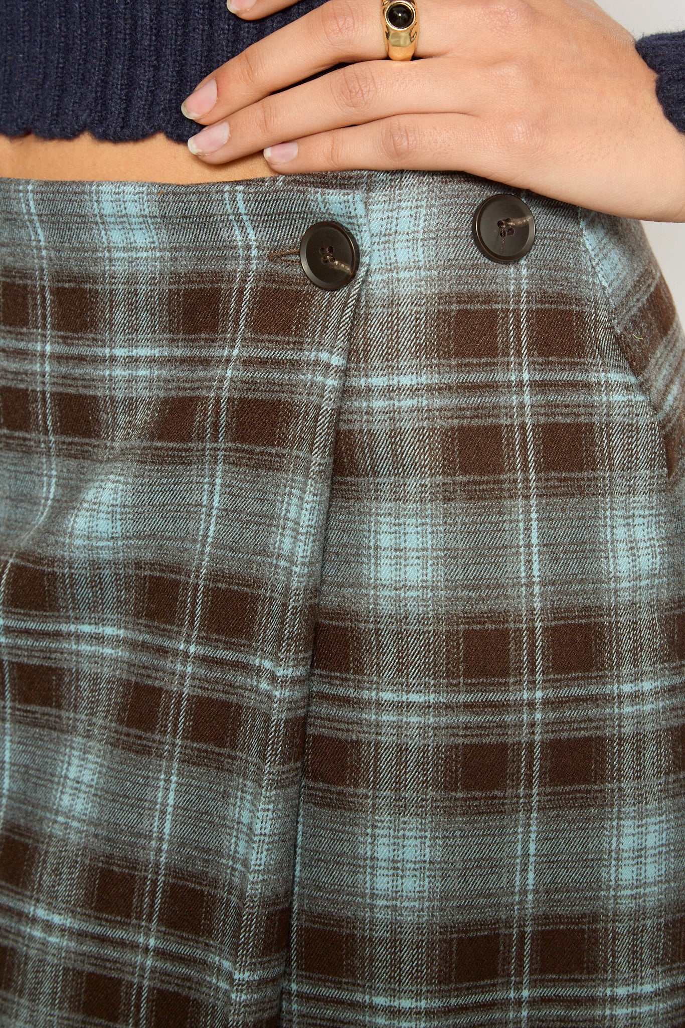 Brown and blue plaid wrap skirt