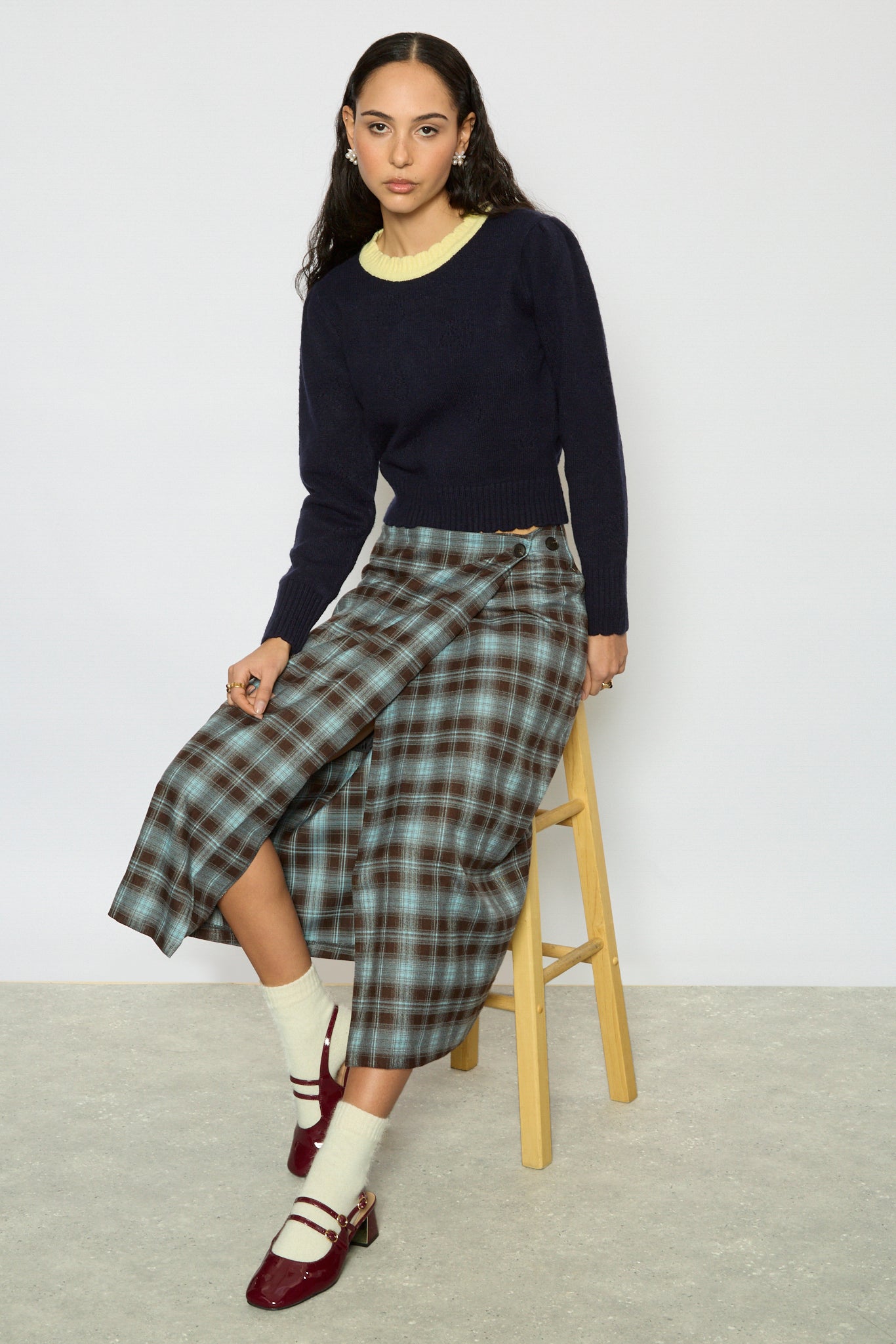 Brown and blue plaid wrap skirt