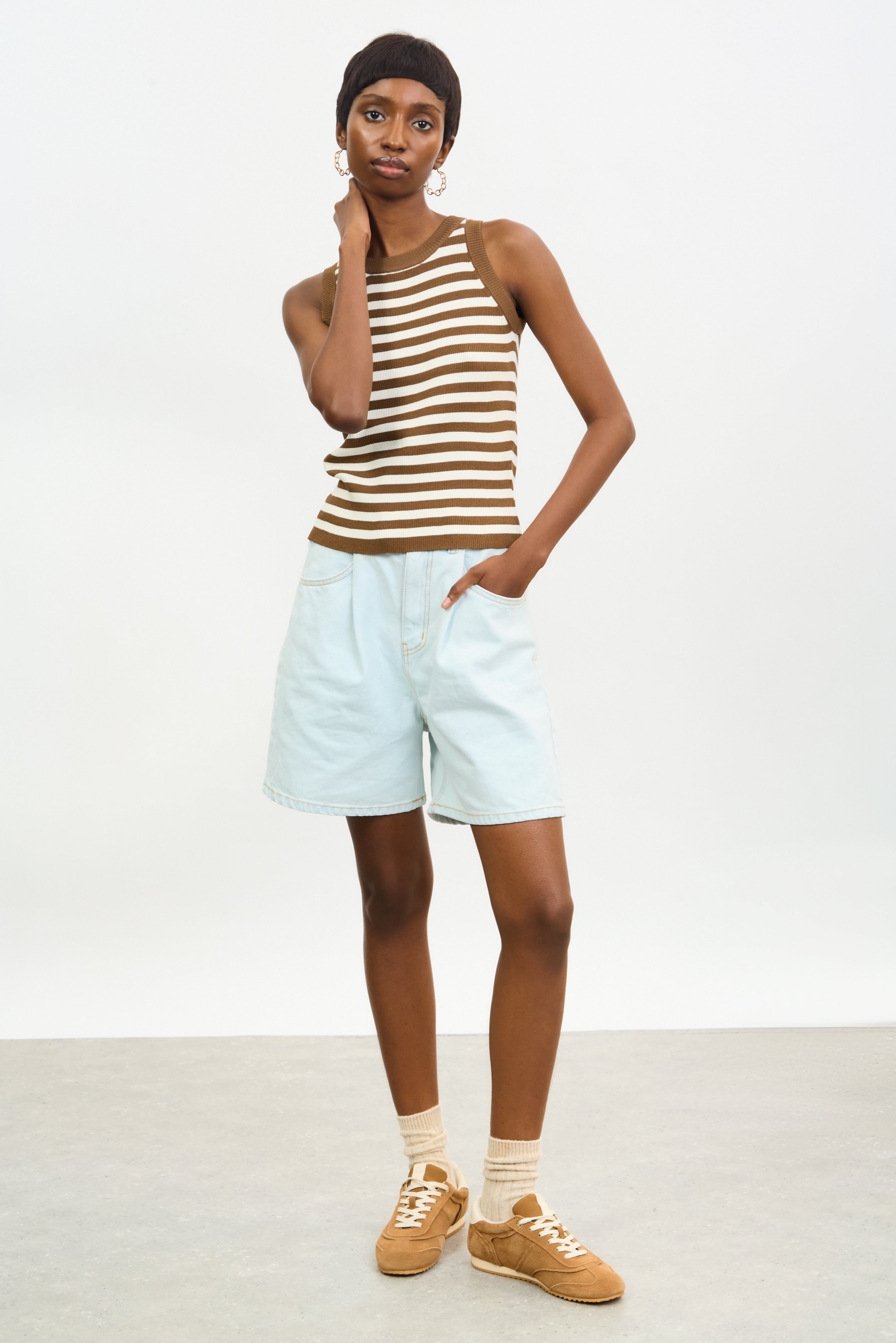 Brown and ivory striped contrast trim tank_4