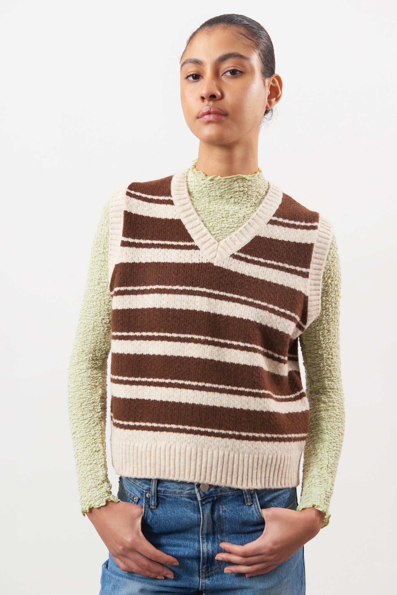 Brown and ivory textured striped wool blend sweater vest