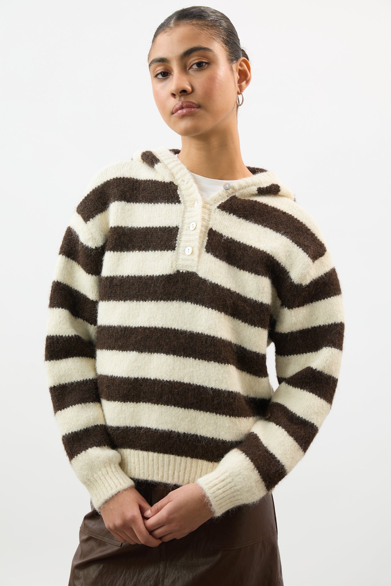Brown and ivory wool blend striped hooded jumper_1