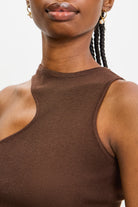Brown asymmetric neckline knit tank_3