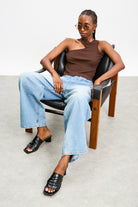 Brown asymmetric neckline knit tank_5