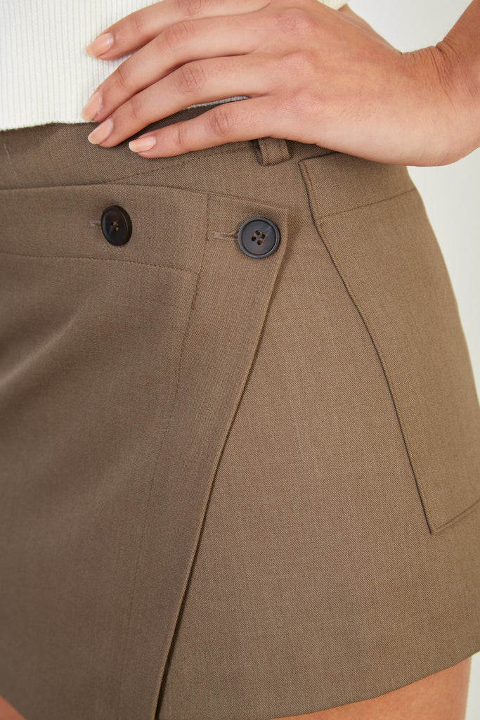 Brown asymmetric wrap mini skirt_4