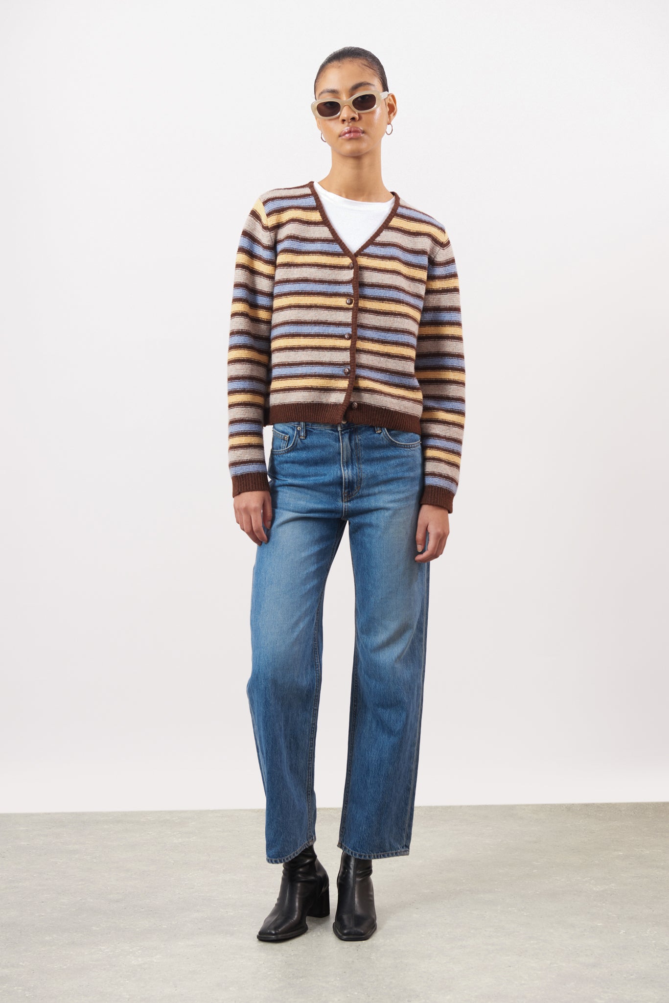 Brown blue and yellow striped wool blend cardigan_2