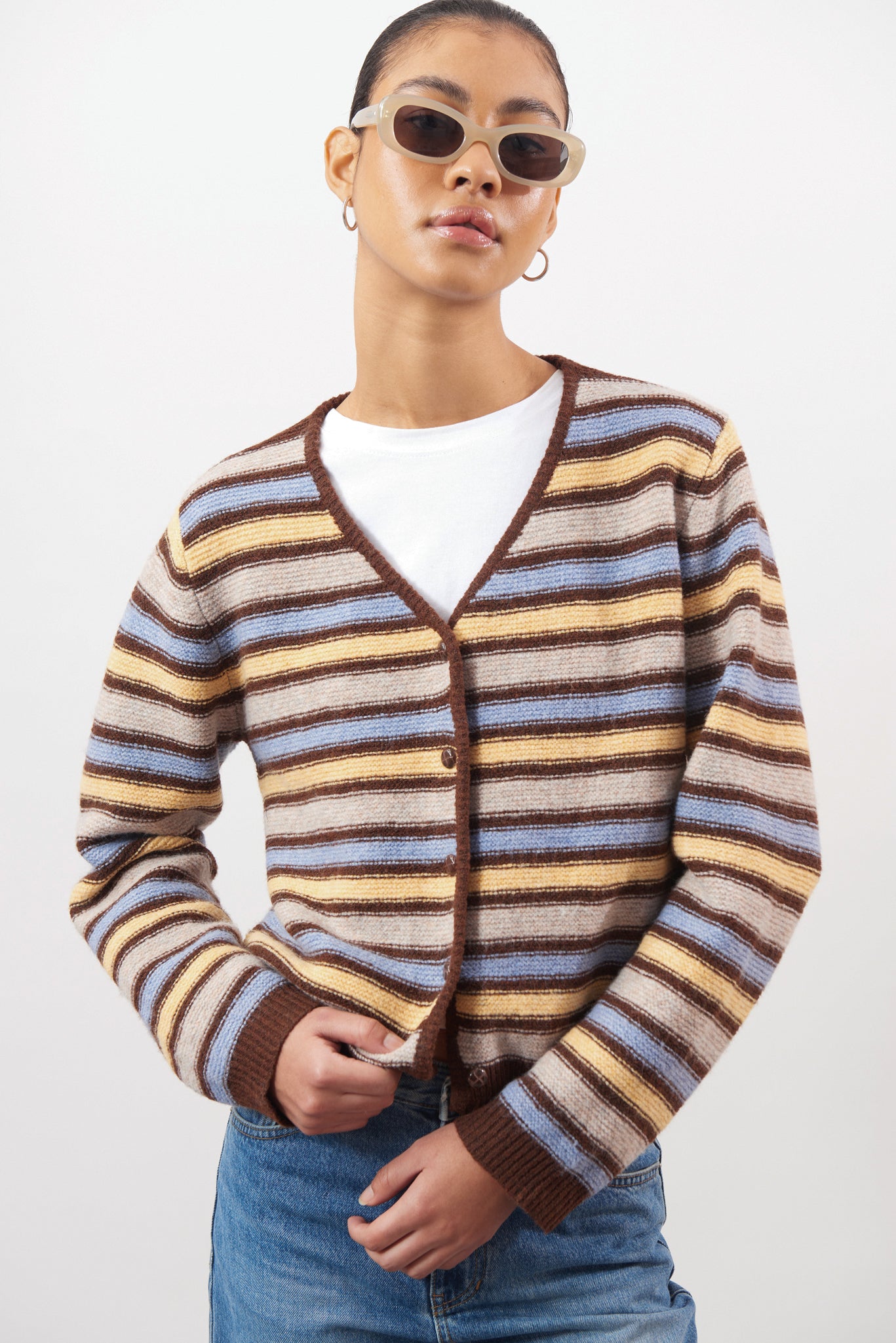 Brown blue and yellow striped wool blend cardigan_1