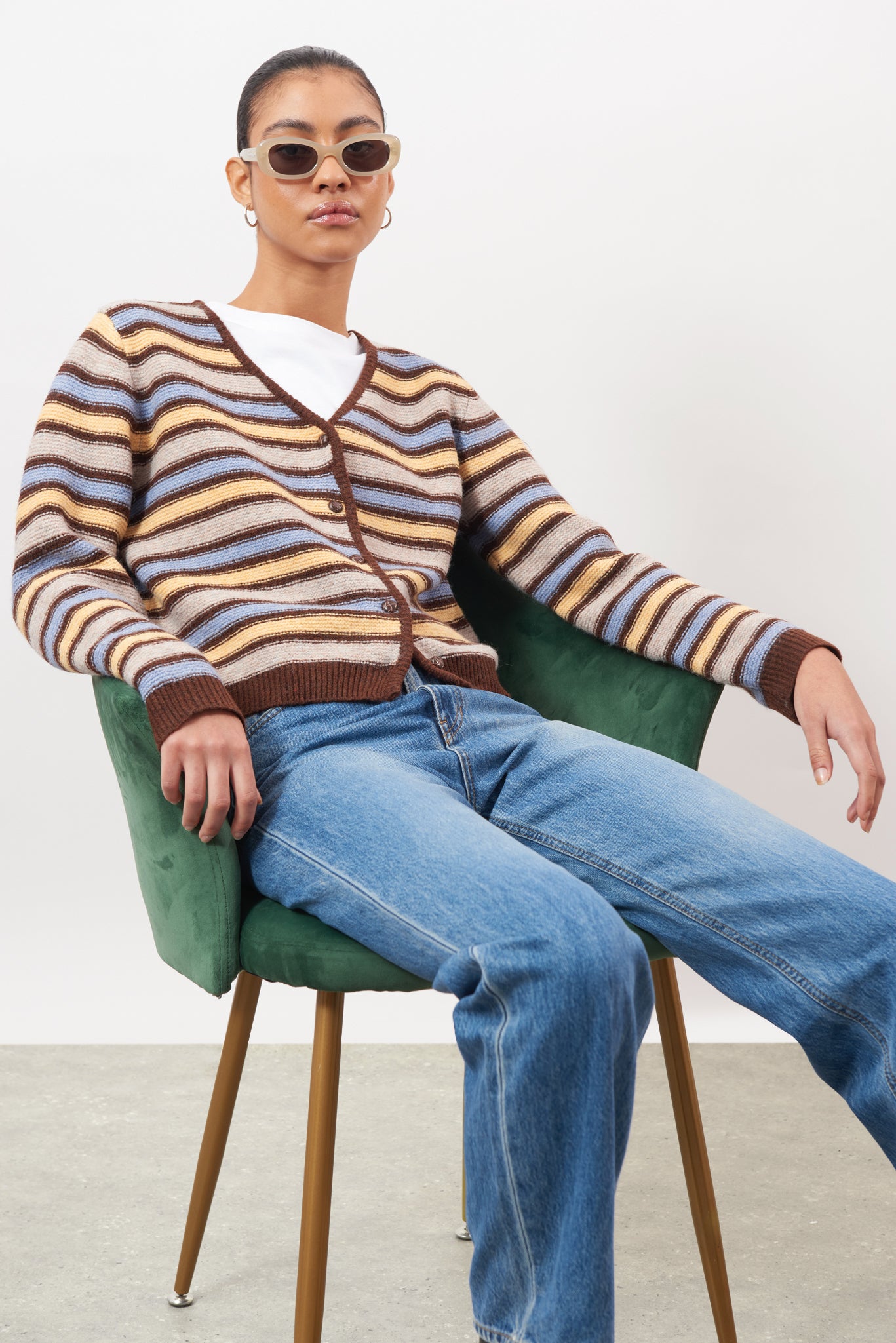 Brown blue and yellow striped wool blend cardigan_5
