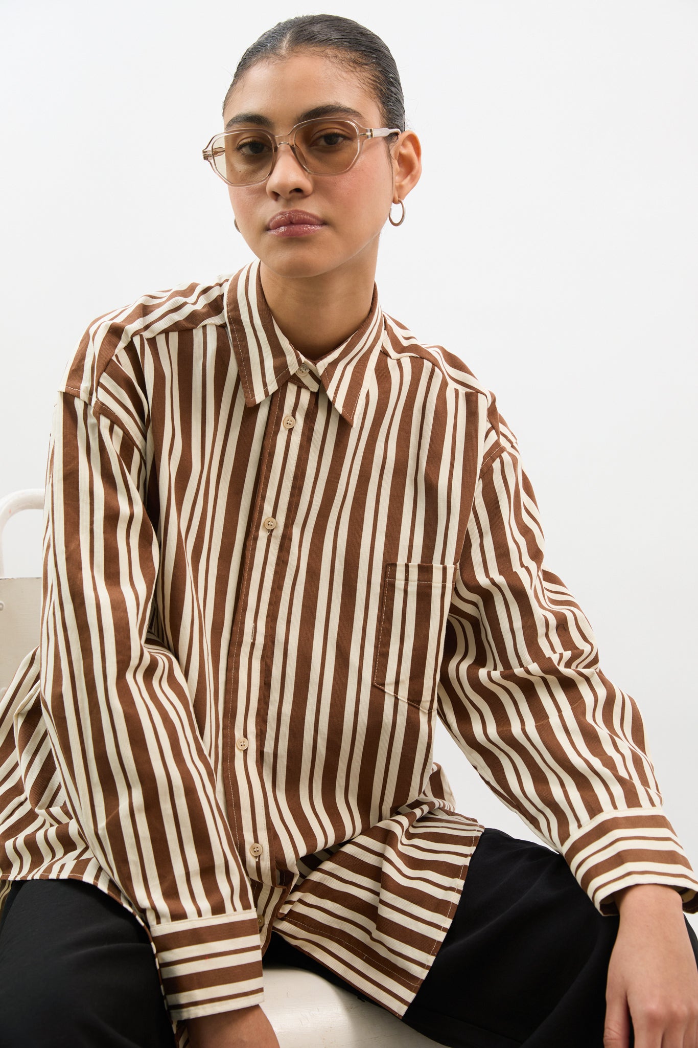 Brown and ivory multi striped oversized shirt_1