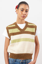 Brown green and ivory striped fuzzy sweater vest_1