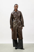 Brown high shine vegan leather coat_1