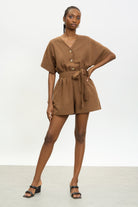 Brown linen blend button front tie waist romper_1