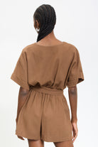 Brown linen blend button front tie waist romper_2