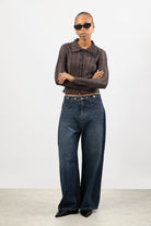 Brown plaid ribbed button up top_4