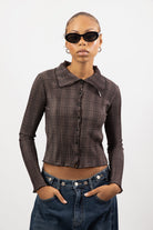 Brown plaid ribbed button up top_1