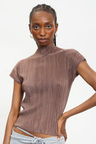 Brown pleat ribbed short sleeved top_1