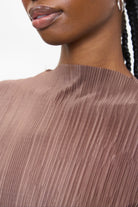 Brown pleat ribbed short sleeved top_3