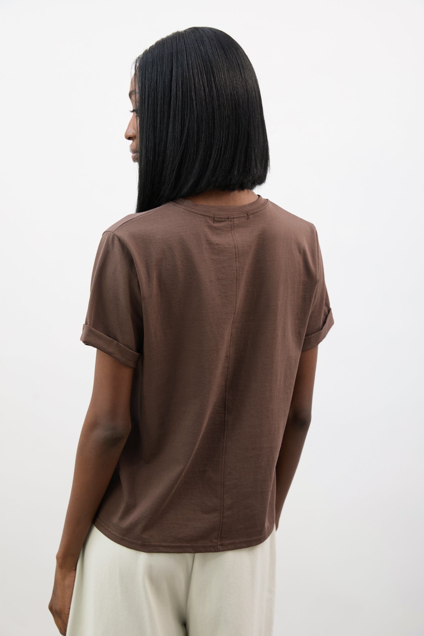 Brown pure cotton rolled hem T-shirt_2