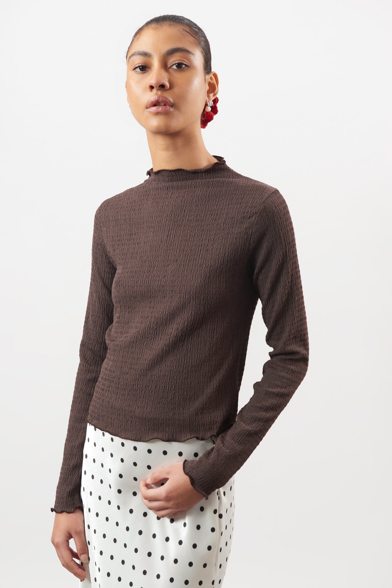 Brown textured mock neck top_1