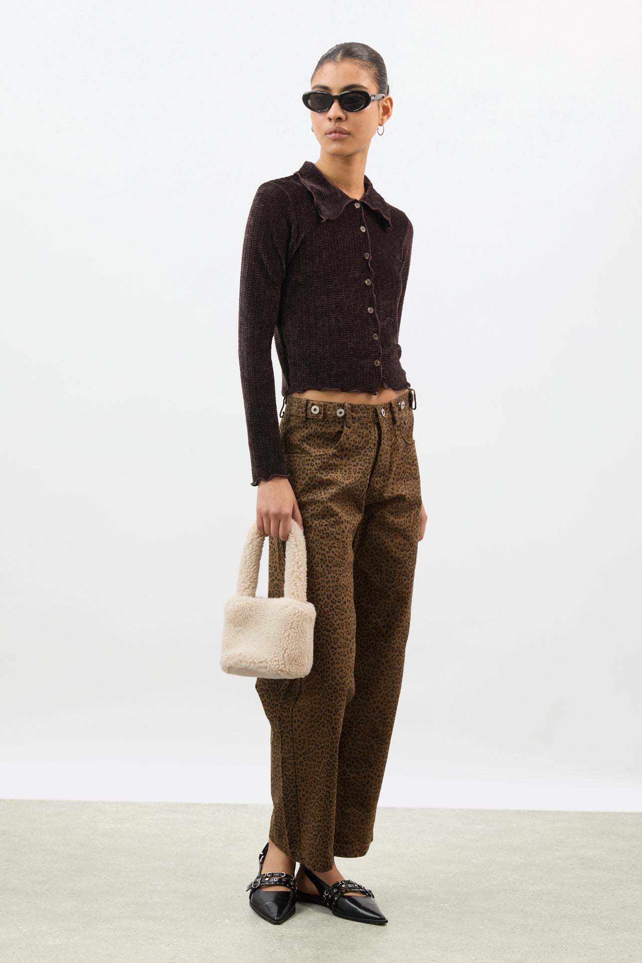 Brown textured velvet ruffle trim long sleeve top_5