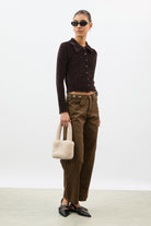 Brown textured velvet ruffle trim long sleeve top_5