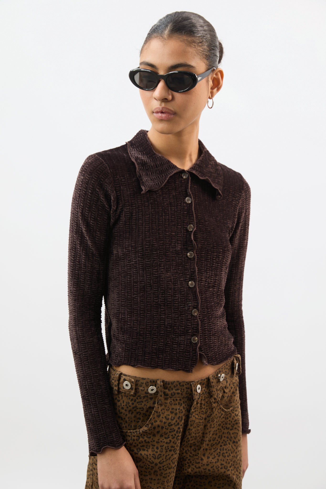 Brown textured velvet ruffle trim long sleeve top_2