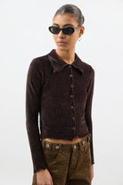 Brown textured velvet ruffle trim long sleeve top_2