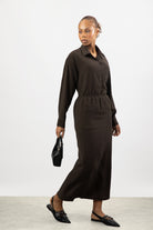 Brown textured wool blend midi skirt_4