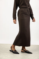 Brown textured wool blend midi skirt_1