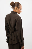 Brown textured wool blend tie waist shirt_2