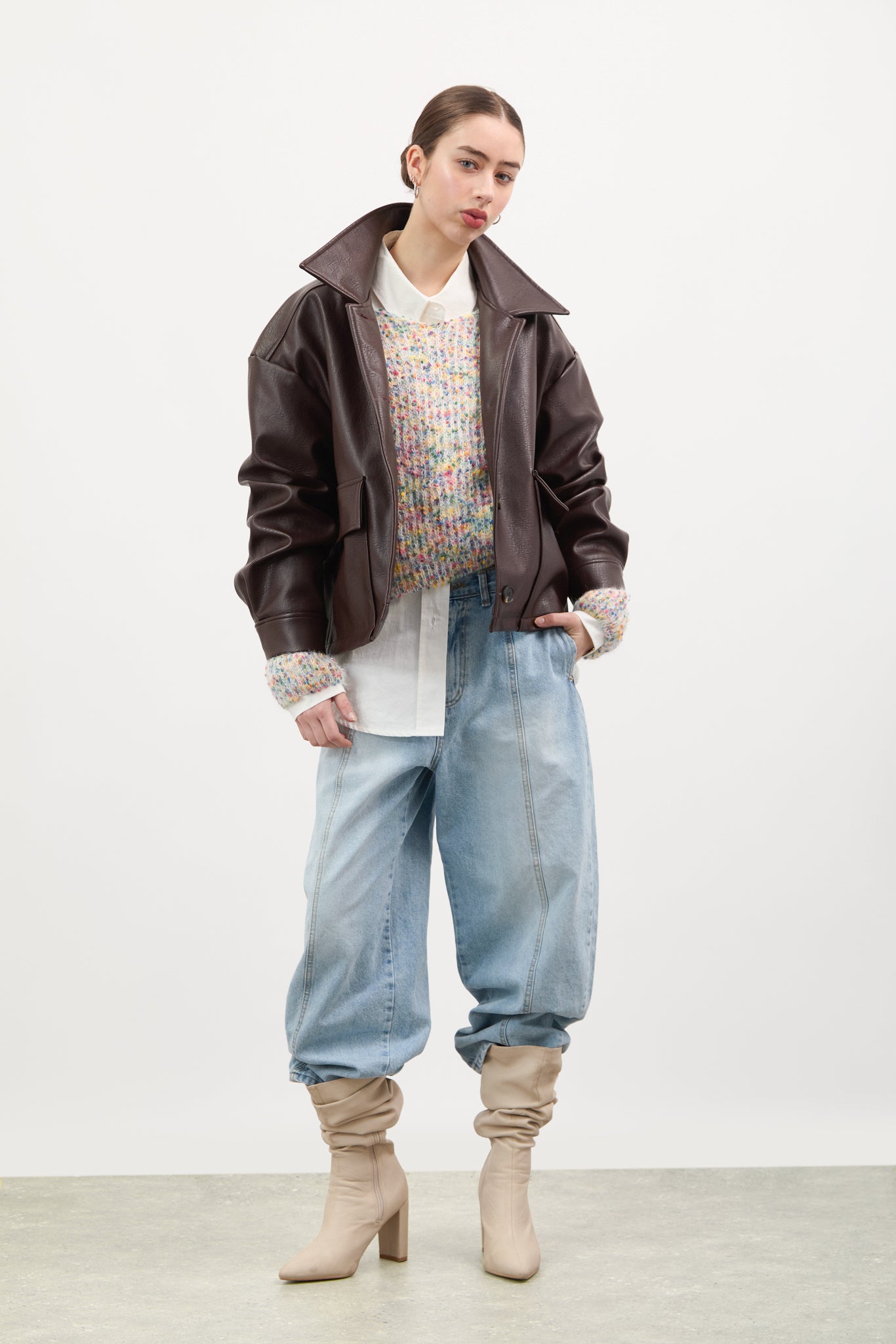 Brown vegan leather button up short jacket | Glassworks London