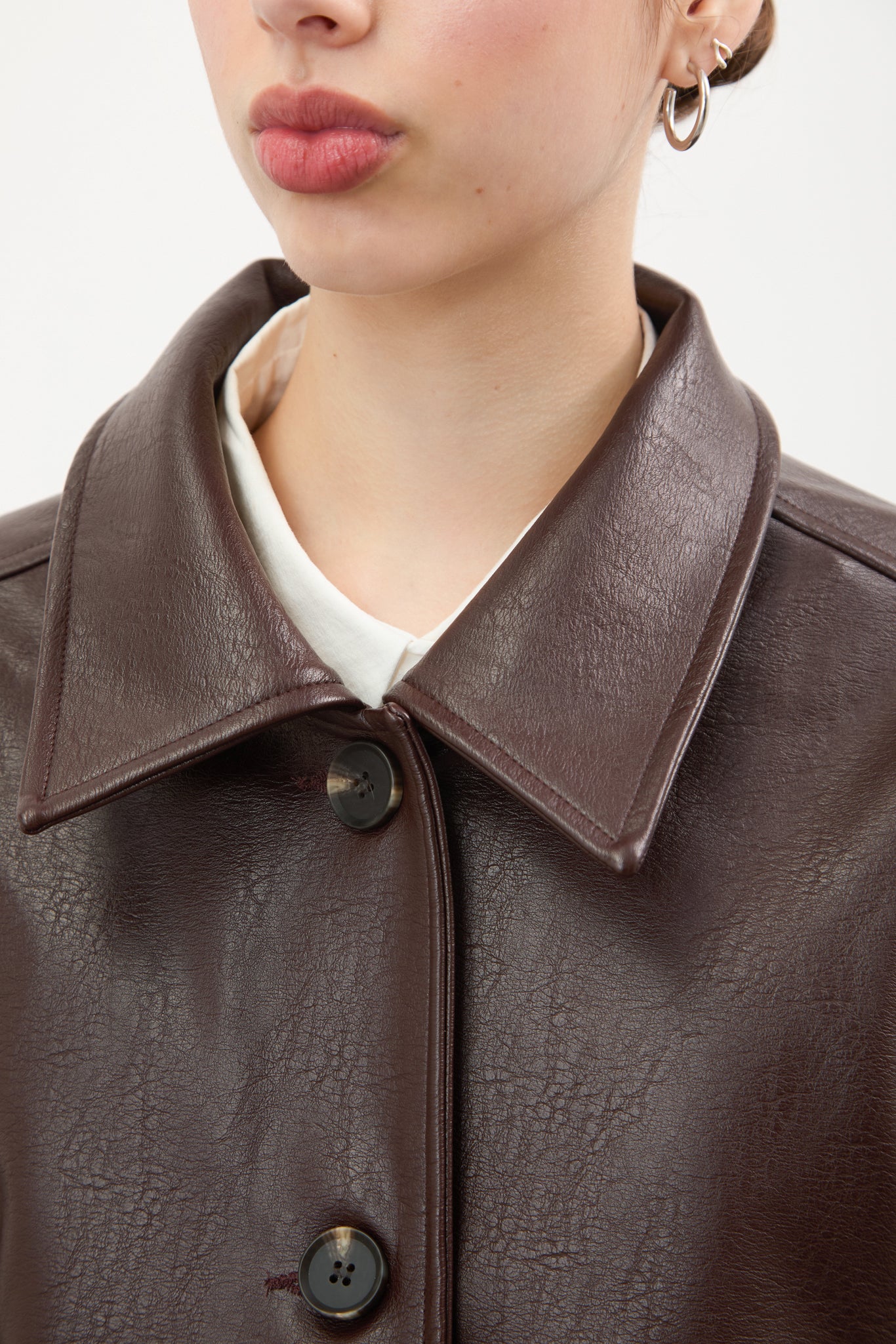 Brown vegan leather button up short jacket | Glassworks London