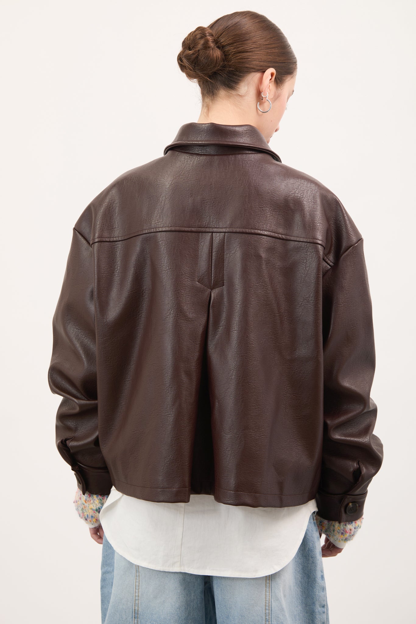 Brown vegan leather button up short jacket_4