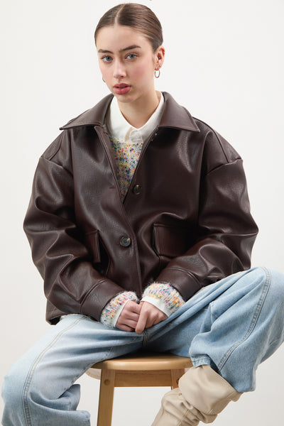 leather jacket archive brown 短丈 レザージャケット Brown vegan leather button up short jacket | Glassworks London