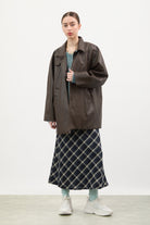 Brown vegan leather long single breasted jacket_5