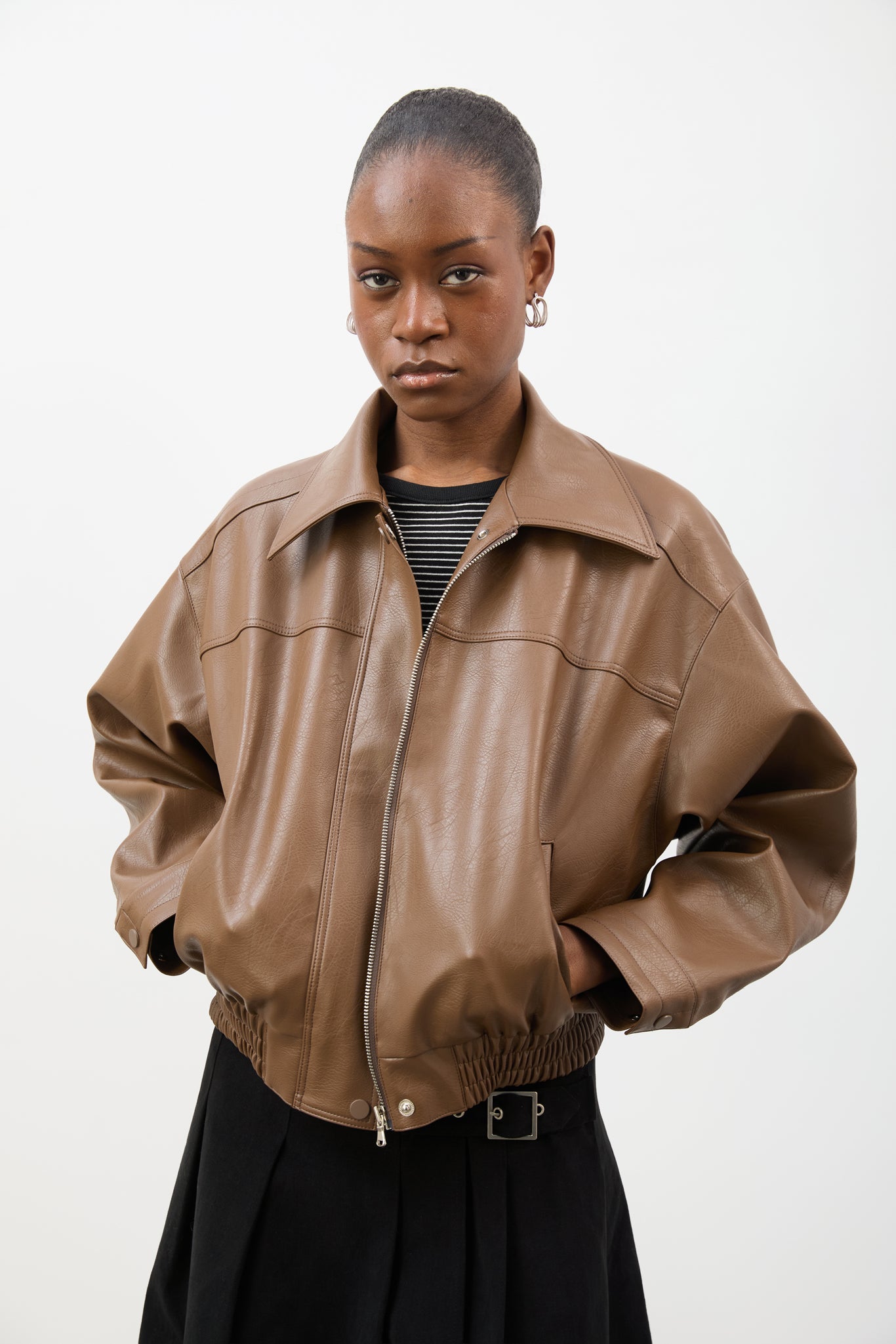 Brown vegan leather short jacket_2