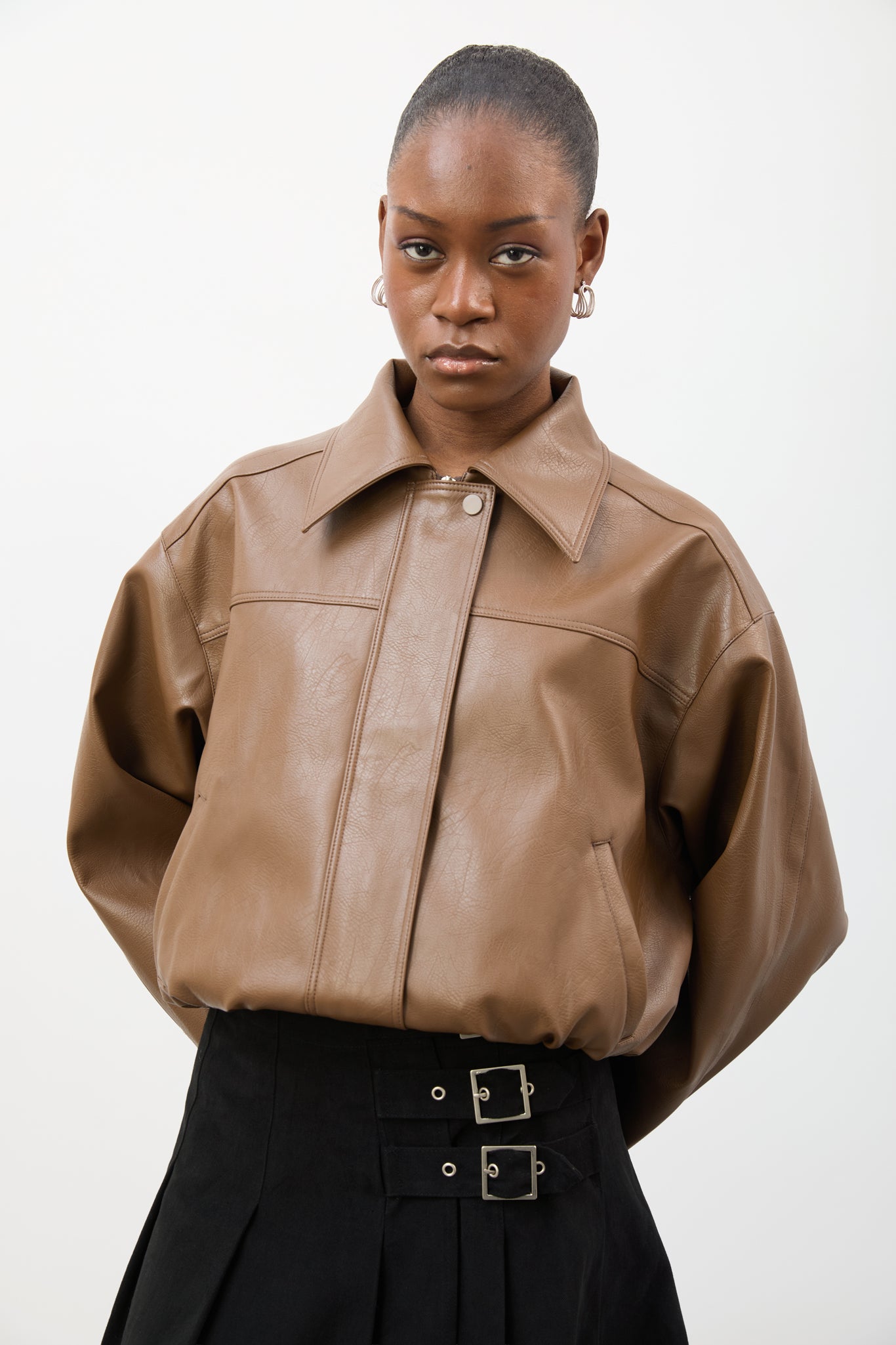 Brown vegan leather short jacket_1
