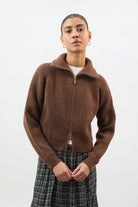 Brown wool blend ribbed wide collar cardigan_1