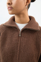 Brown wool blend ribbed wide collar cardigan_3