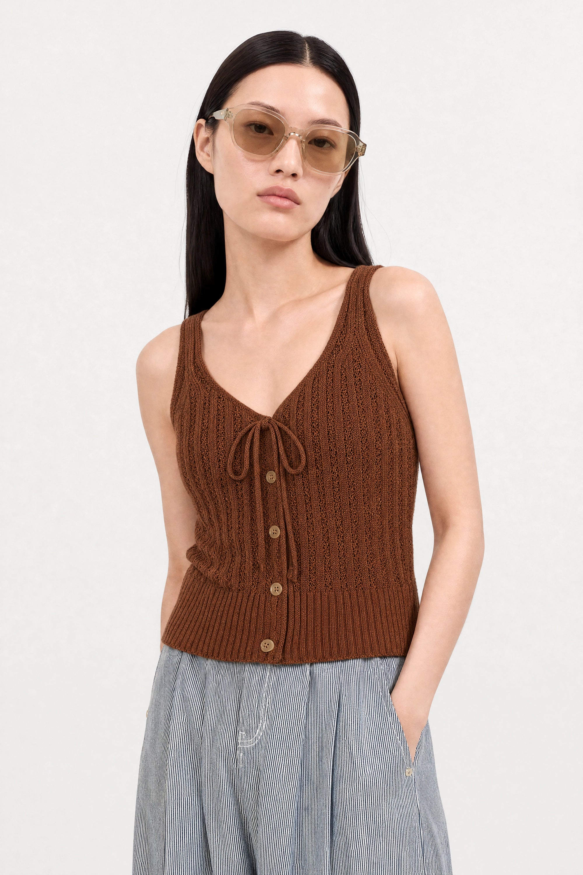 Brown textured ribbed button front knit tank_2