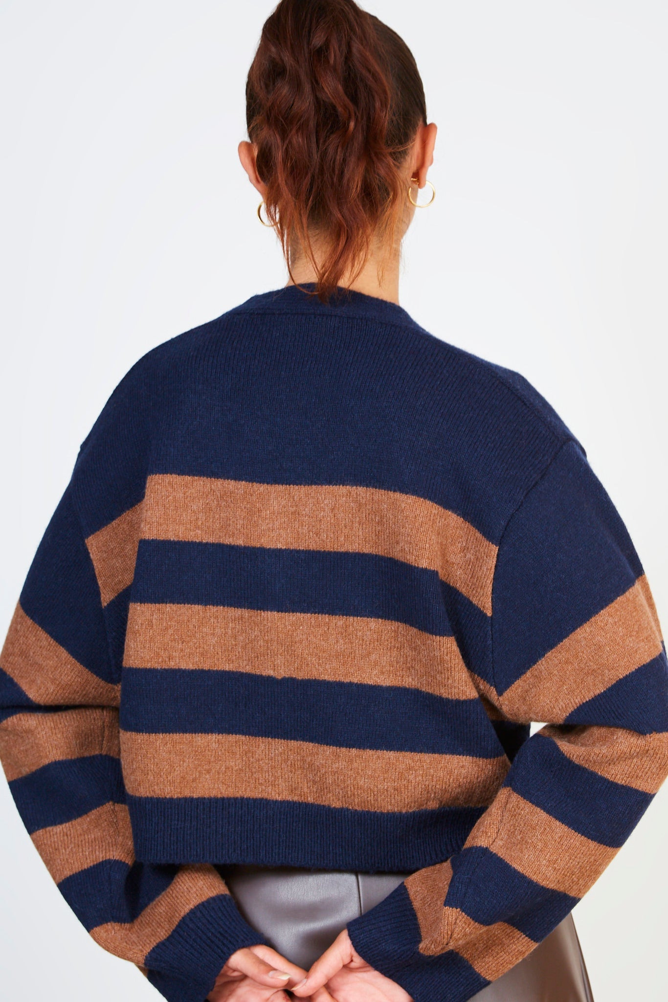 Brown and navy alpaca wool blend block stripe cardigan