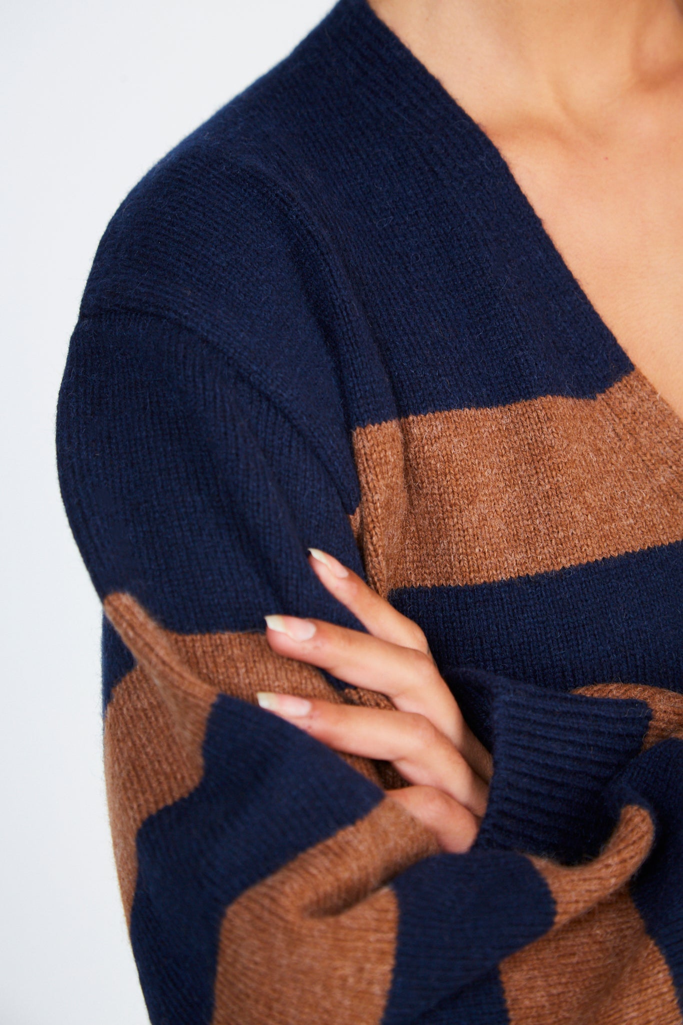 Brown and navy alpaca wool blend block stripe cardigan