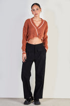 Brown and white trim textured cardigan_2