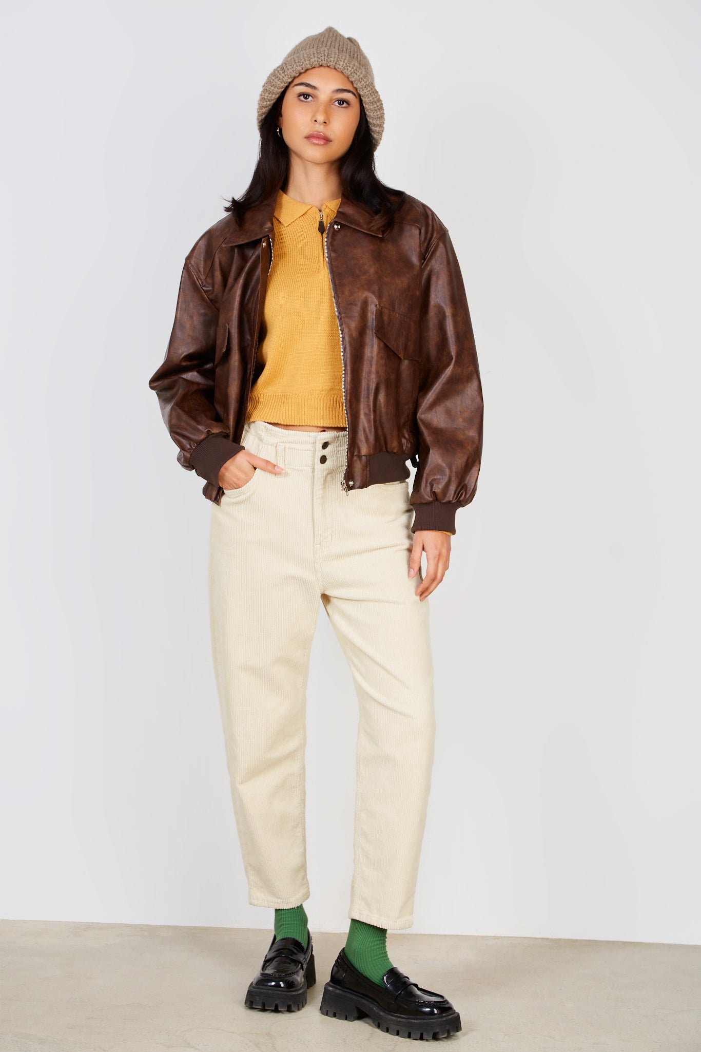 Brown vegan leather zip up jacket_5