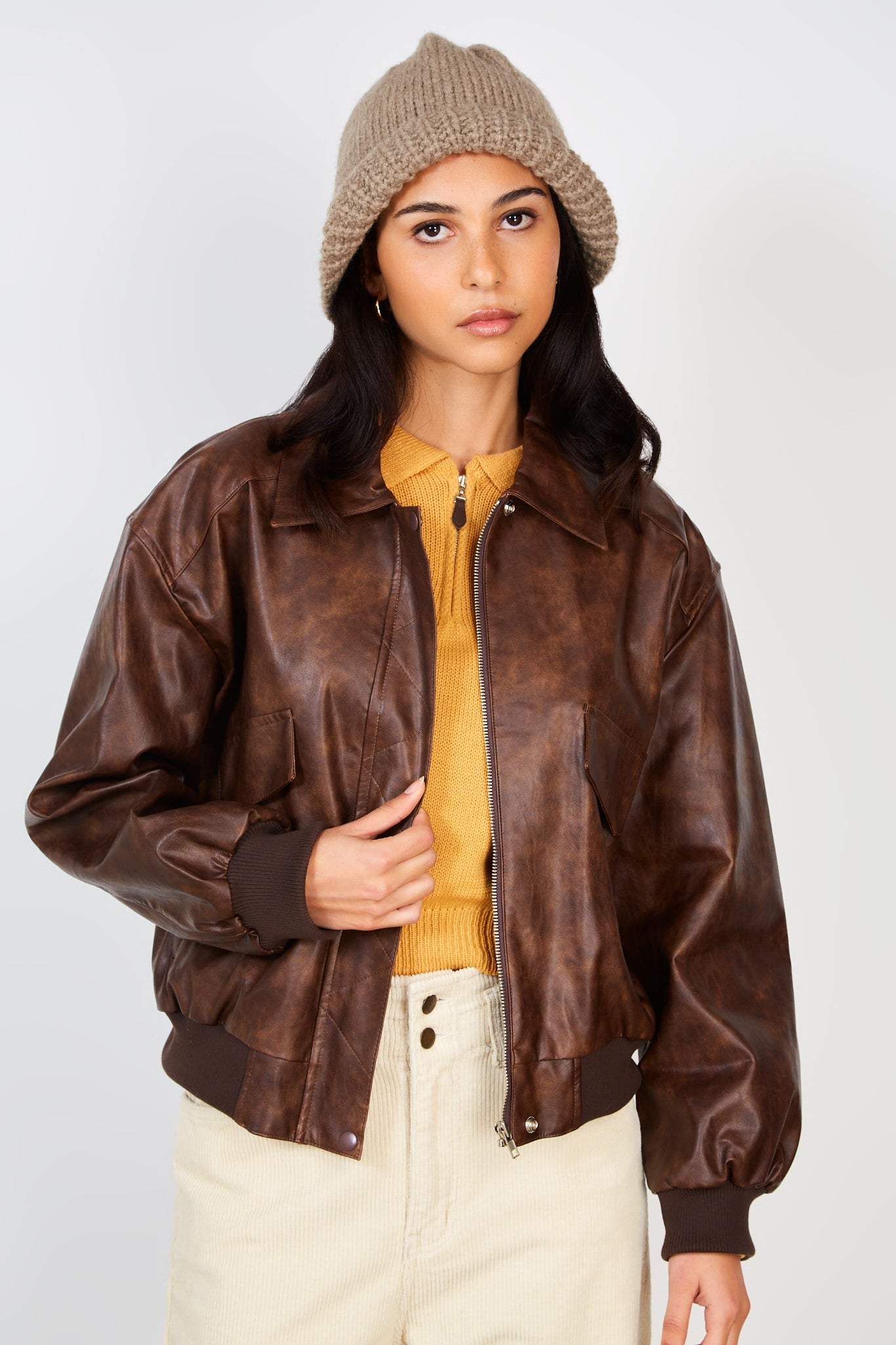 Brown vegan leather zip up jacket_3