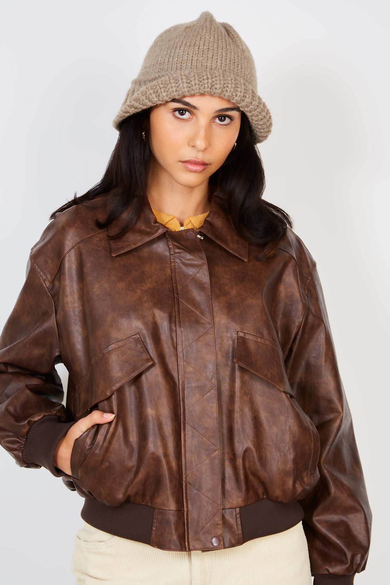 Brown vegan leather zip up jacket_2