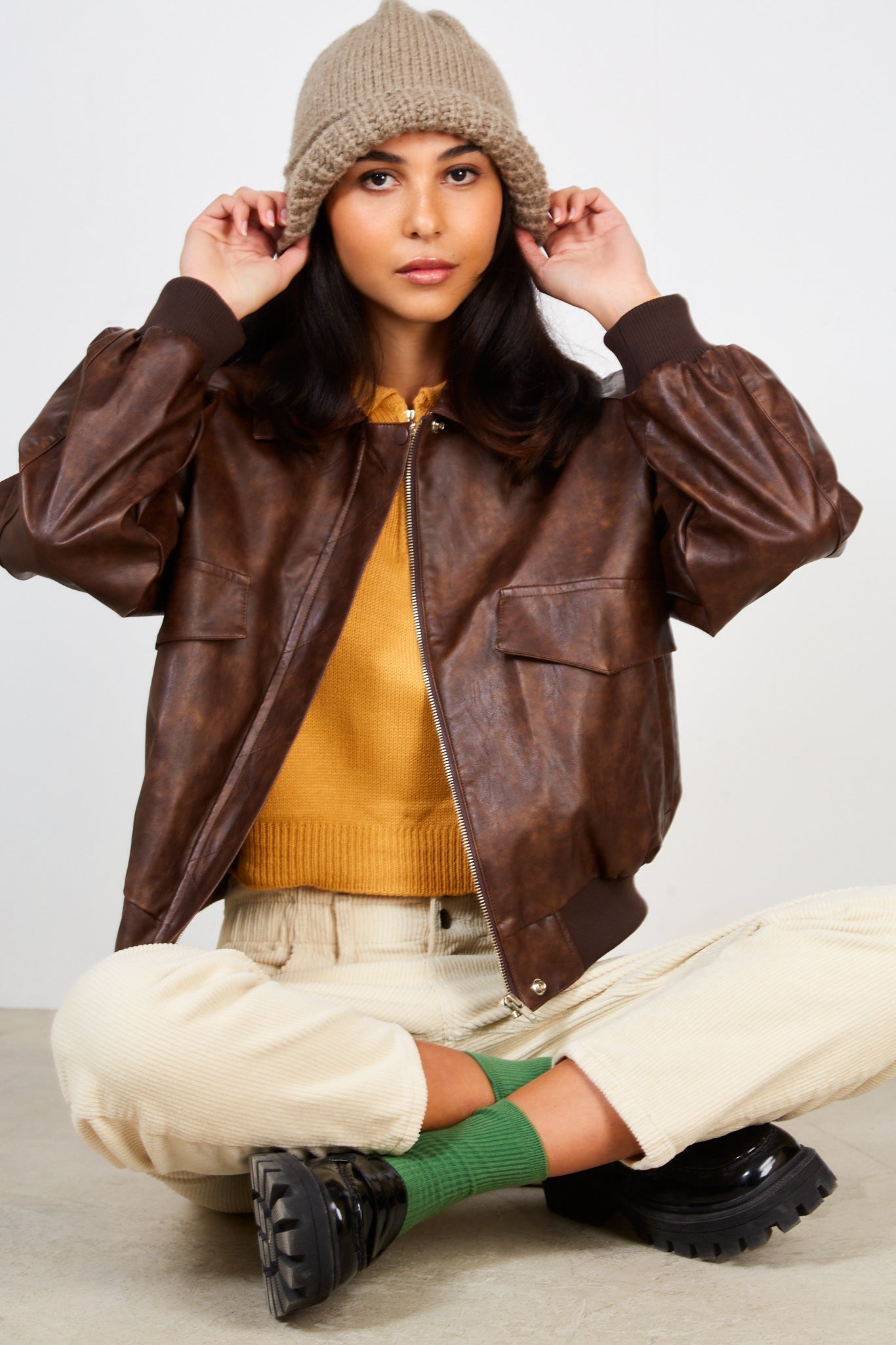 Brown vegan leather zip up jacket_7