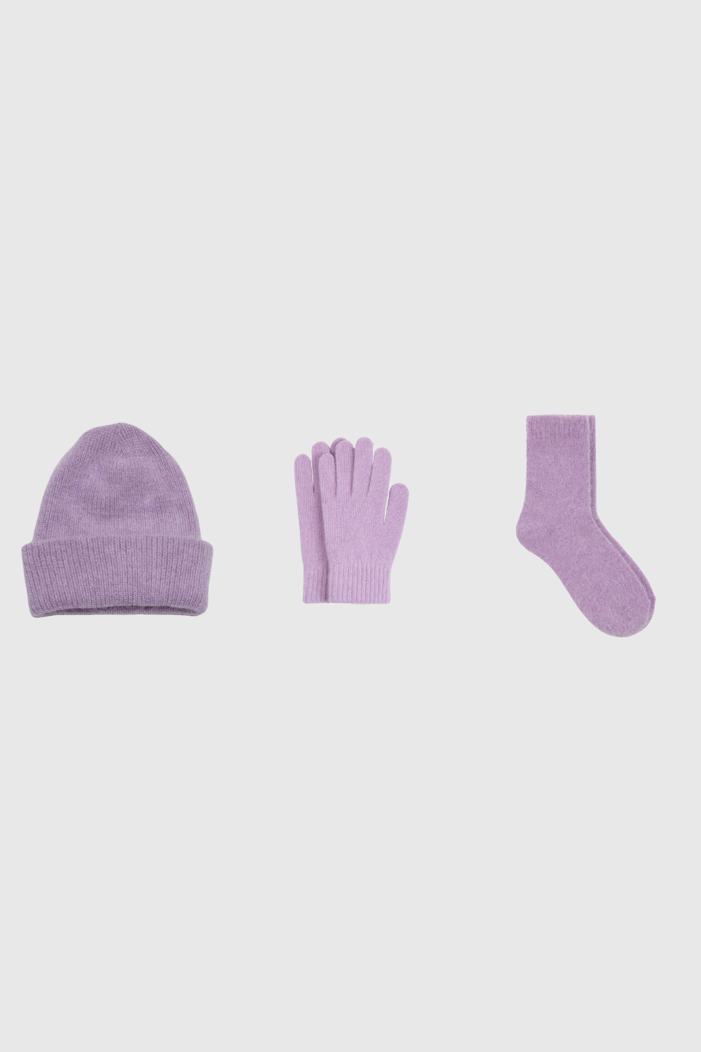 Lilac mohair beanie, wool blend gloves and socks set