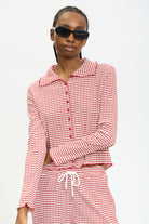 Burgundy gingham and burgundy trim button up top_1