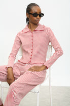 Burgundy gingham and burgundy trim button up top_5