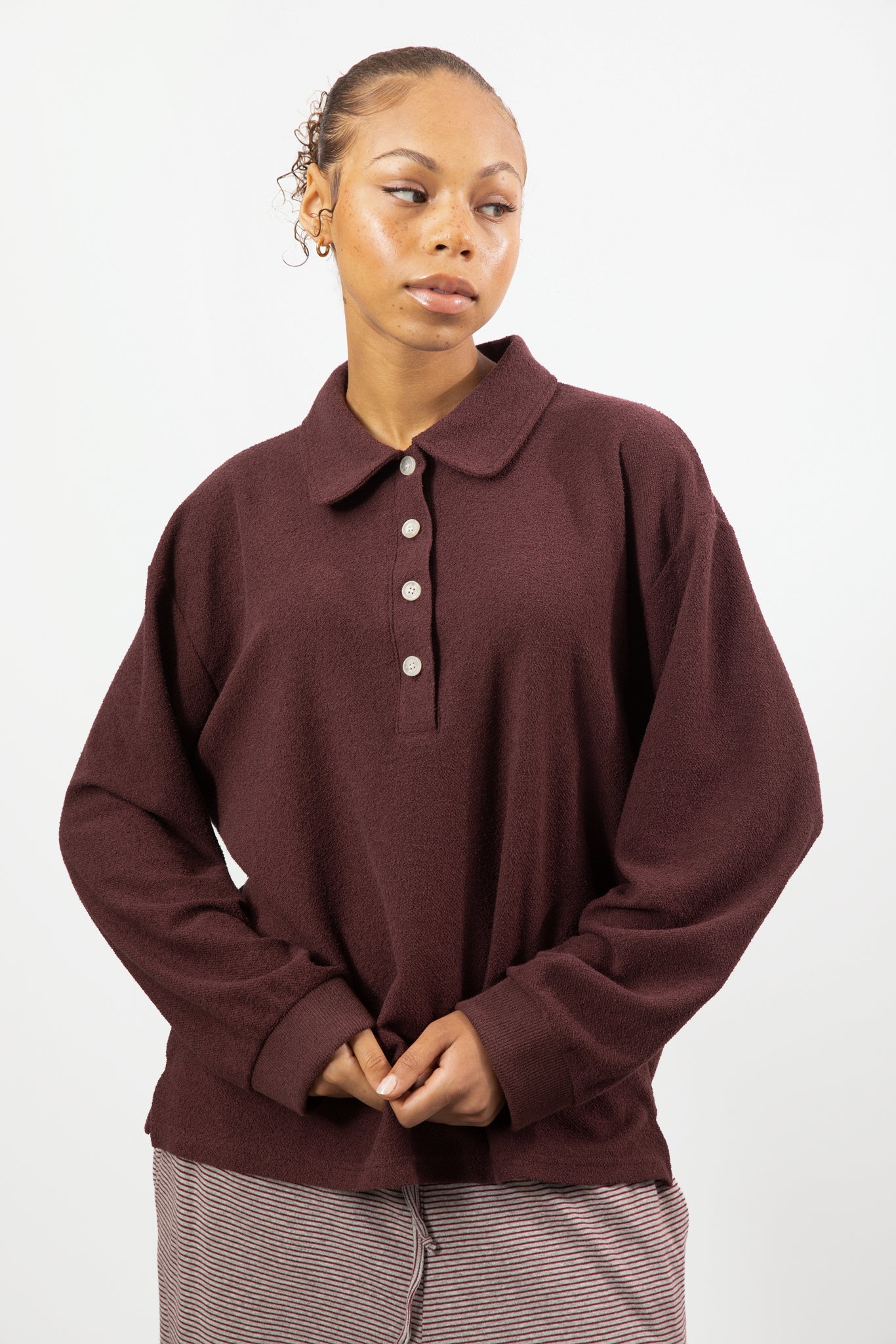 Burgundy textured button up collared top_1